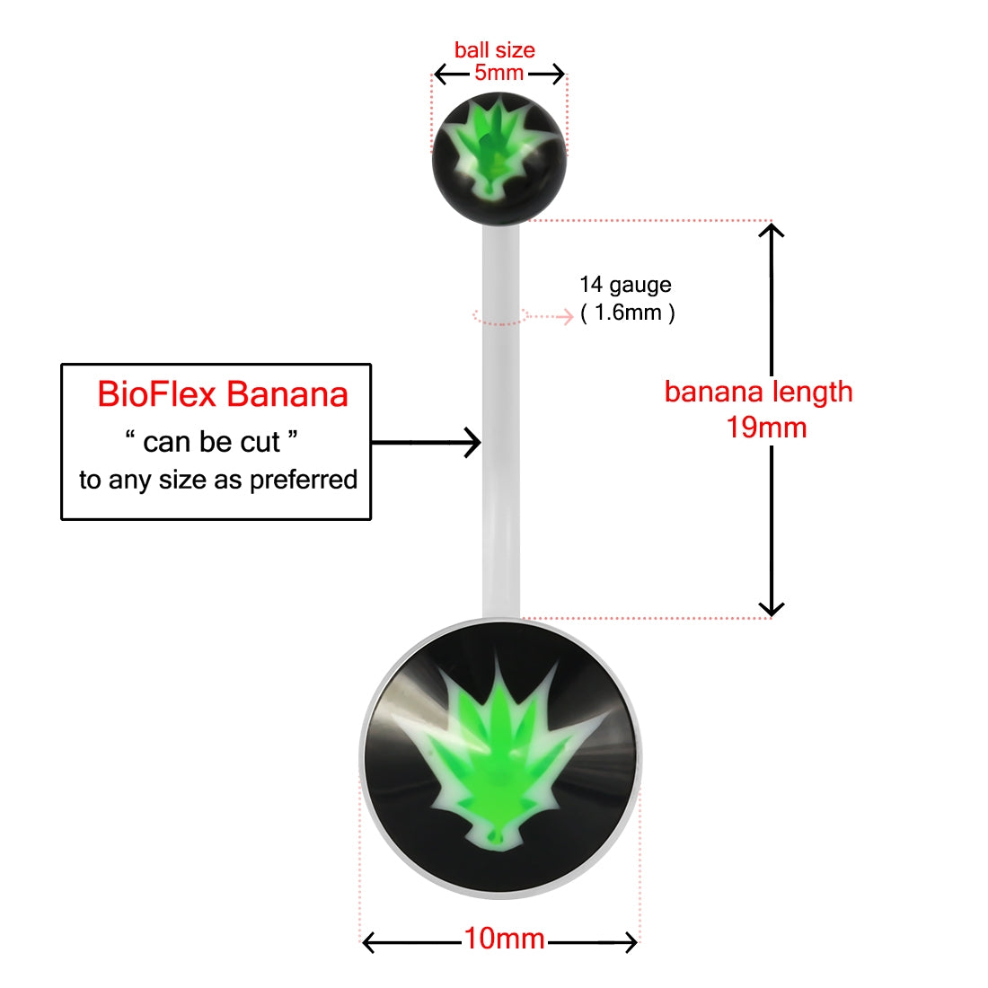 Marijuana Transparent BioFlex with UV Ball Top pregnancy Belly Ring