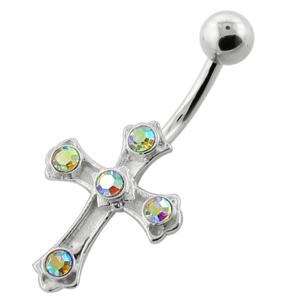 Jeweled Crucifix Silver Navel Bar