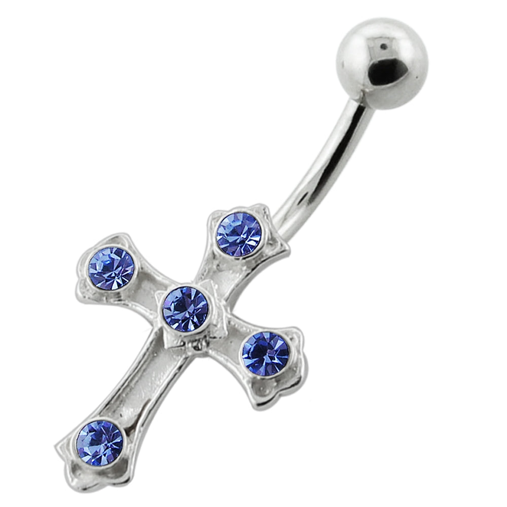 Jeweled Crucifix Silver Navel Bar