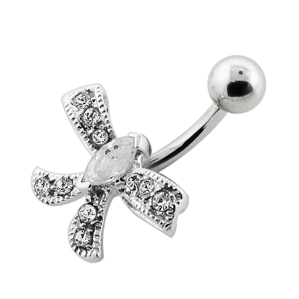 Jeweled Bow Silver Navel Bar