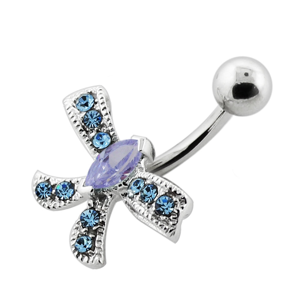 Jeweled Bow Silver Navel Bar