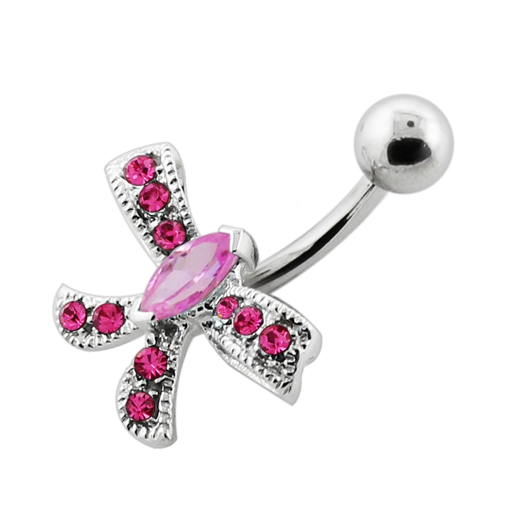 Jeweled Bow Silver Navel Bar