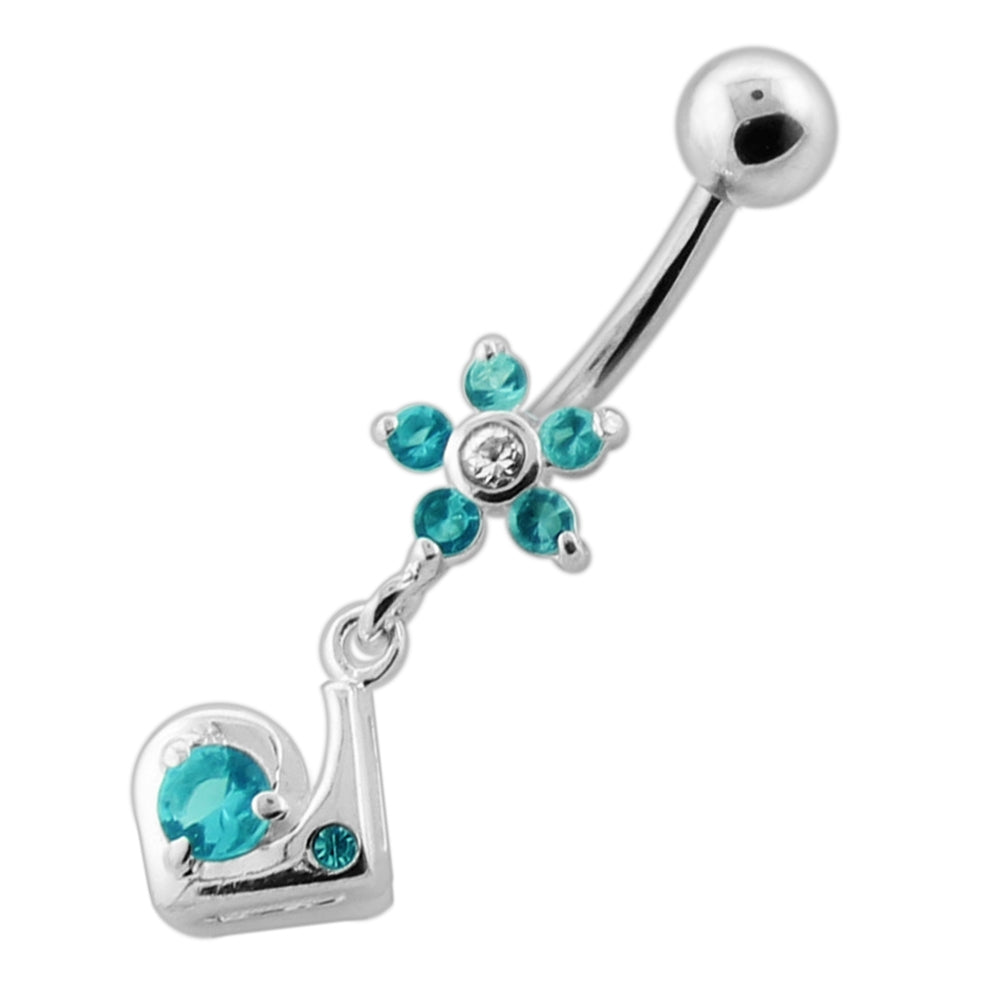 Fancy Jeweled Flower Dangling Silver Navel Bar