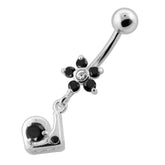 Fancy Jeweled Flower Dangling Silver Navel Bar