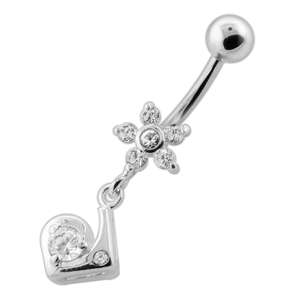 Fancy Jeweled Flower Dangling Silver Navel Bar