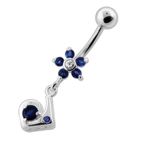 Fancy Jeweled Flower Dangling Silver Navel Bar