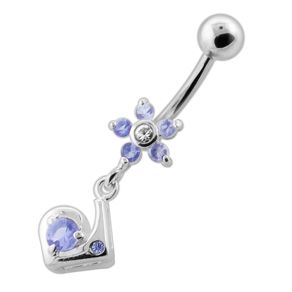 Fancy Jeweled Flower Dangling Silver Navel Bar