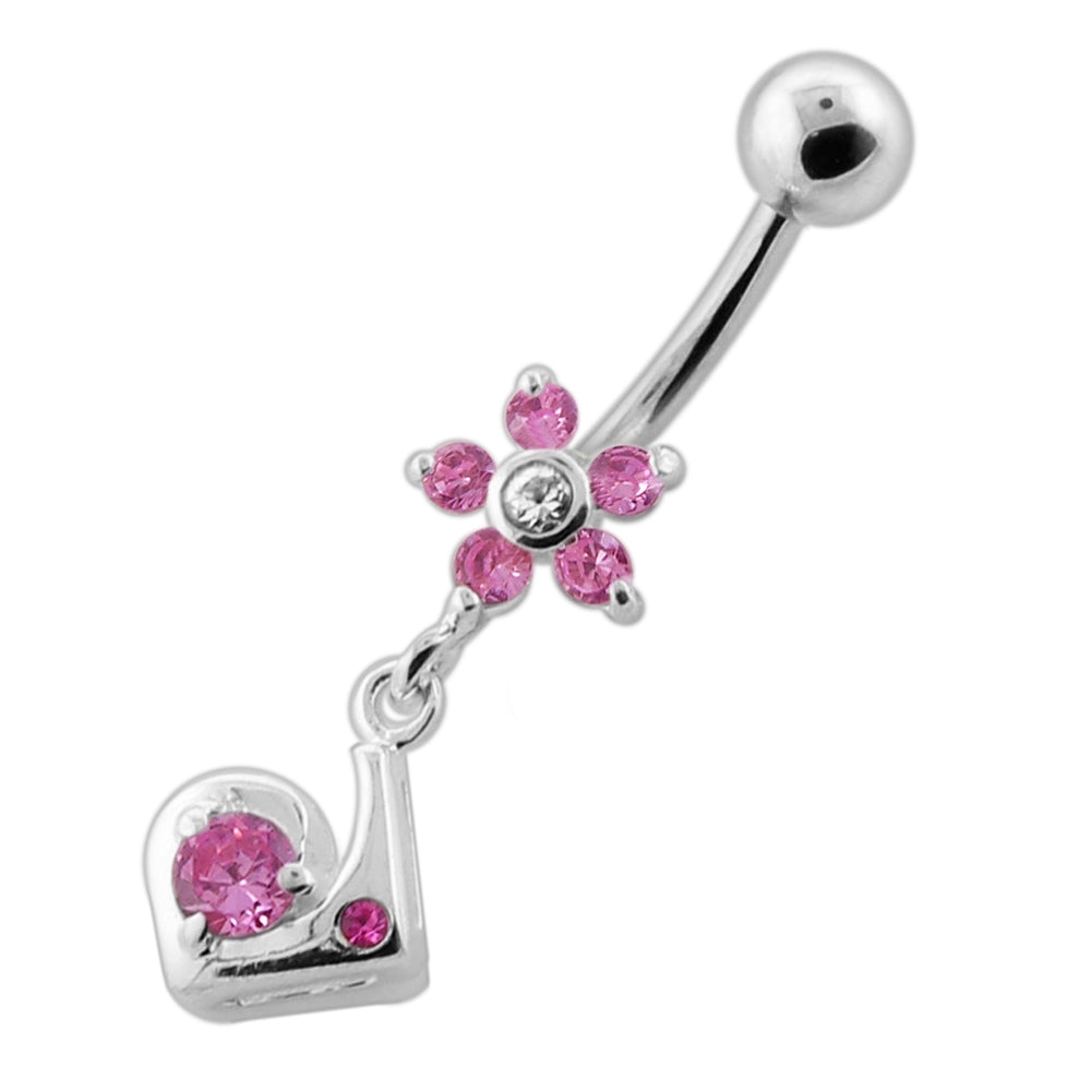 Fancy Jeweled Flower Dangling Silver Navel Bar