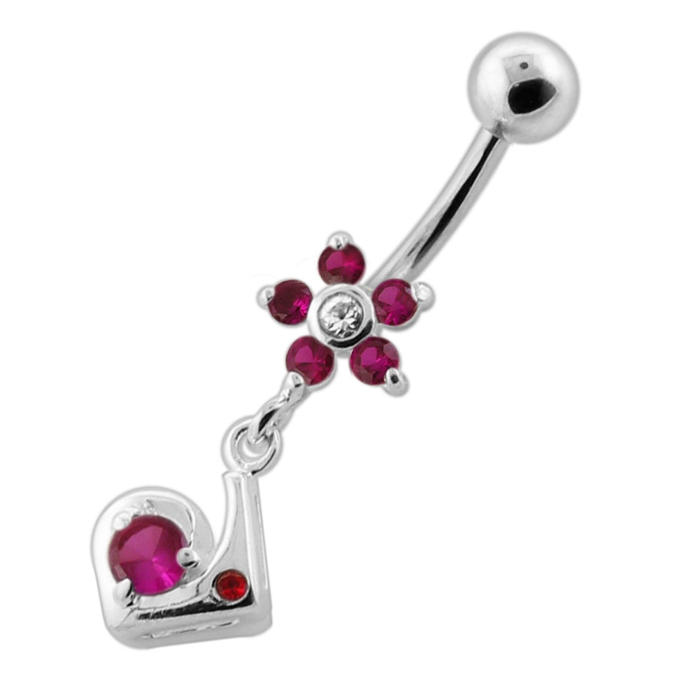 Fancy Jeweled Flower Dangling Silver Navel Bar