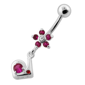 Fancy Jeweled Flower Dangling Silver Navel Bar