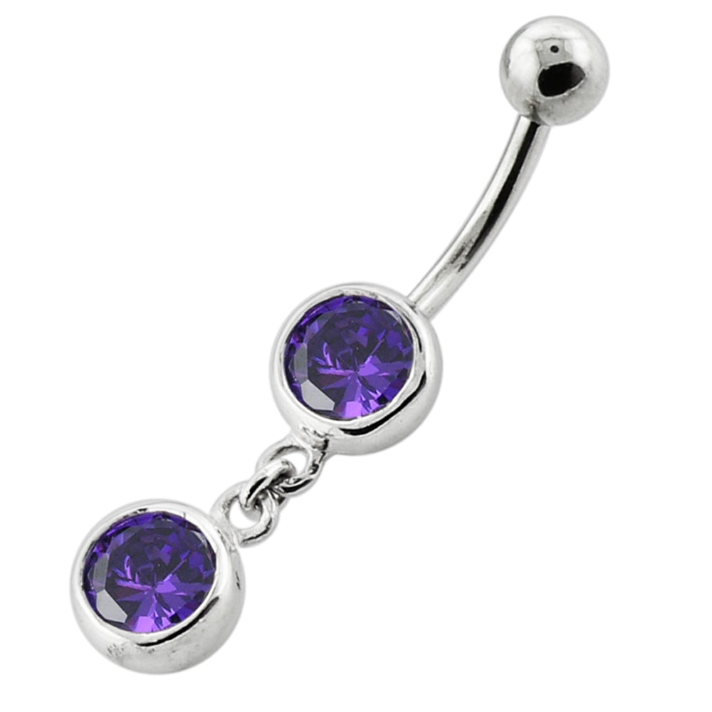 Bezel Setting Round Gem Dangling Silver Navel Bar