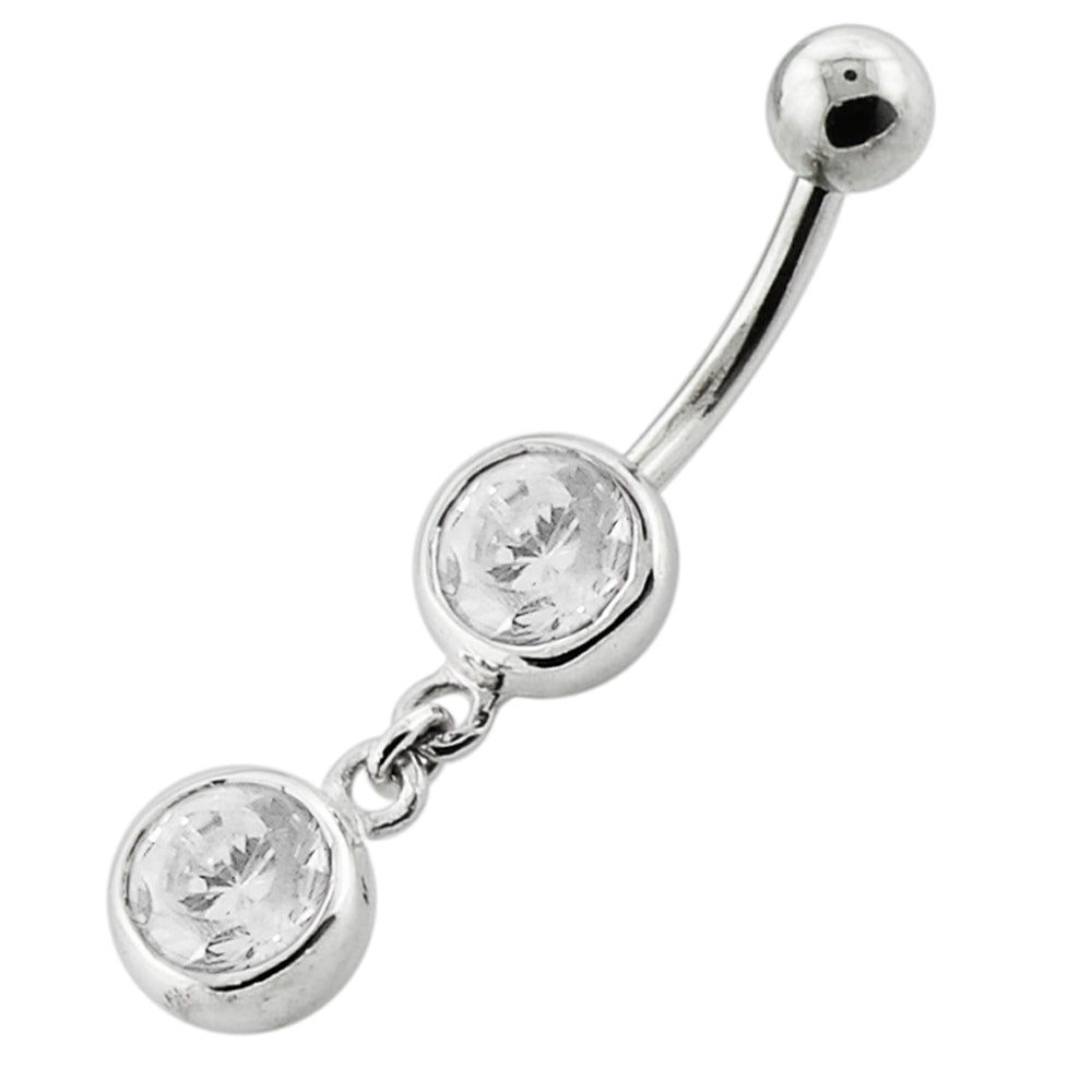 Bezel Setting Round Gem Dangling Silver Navel Bar