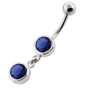 Bezel Setting Round Gem Dangling Silver Navel Bar