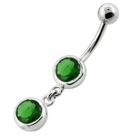 Bezel Setting Round Gem Dangling Silver Navel Bar