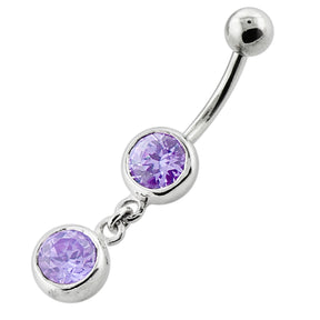 Bezel Setting Round Gem Dangling Silver Navel Bar