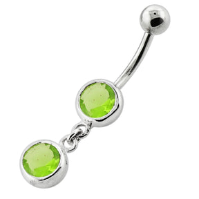 Bezel Setting Round Gem Dangling Silver Navel Bar