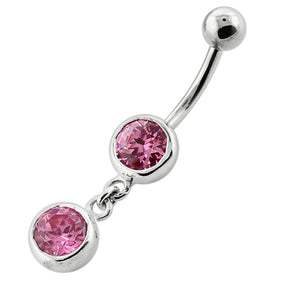 Bezel Setting Round Gem Dangling Silver Navel Bar