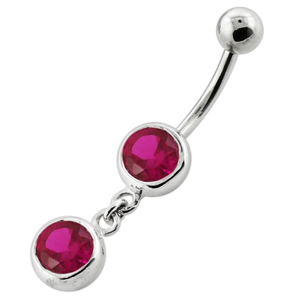 Bezel Setting Round Gem Dangling Silver Navel Bar