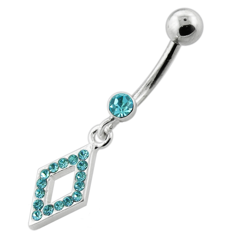 Multi Jeweled Diamond Shape Dangling Silver Navel Bar