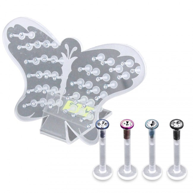 UV Bio Madonna Labret with Top CZ Stone 44pcs in a Butterfly Display