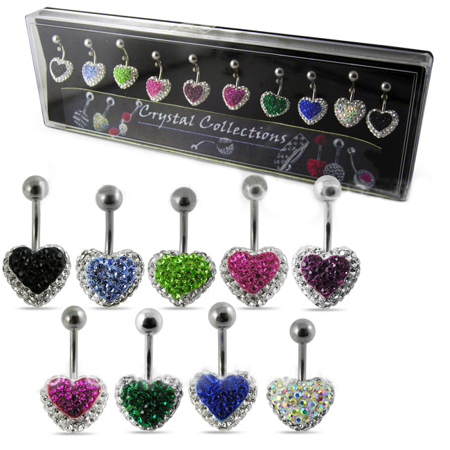 Multi Crystal Heart Belly Rings in Display