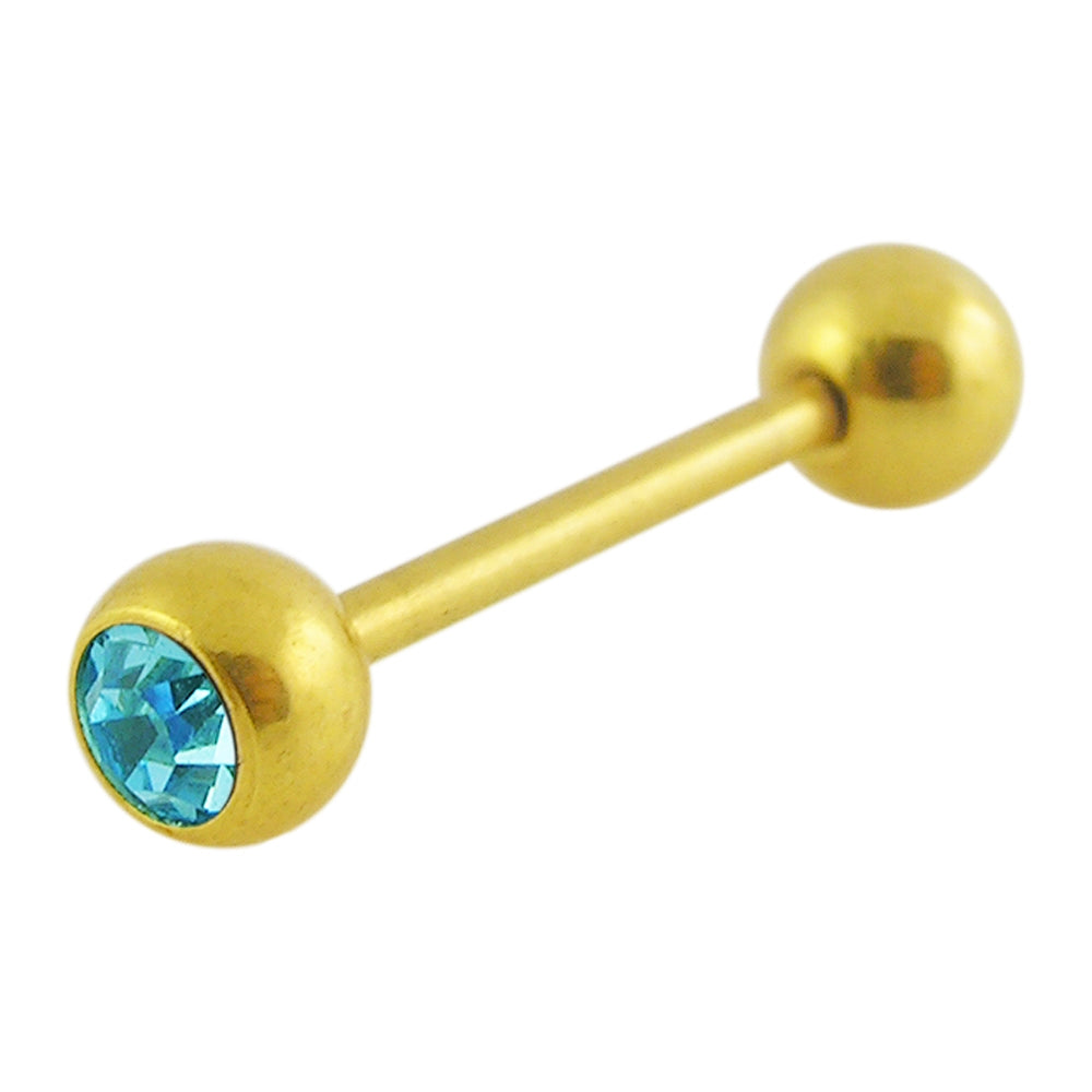Gold Anodized Jeweled Barbell in a Display