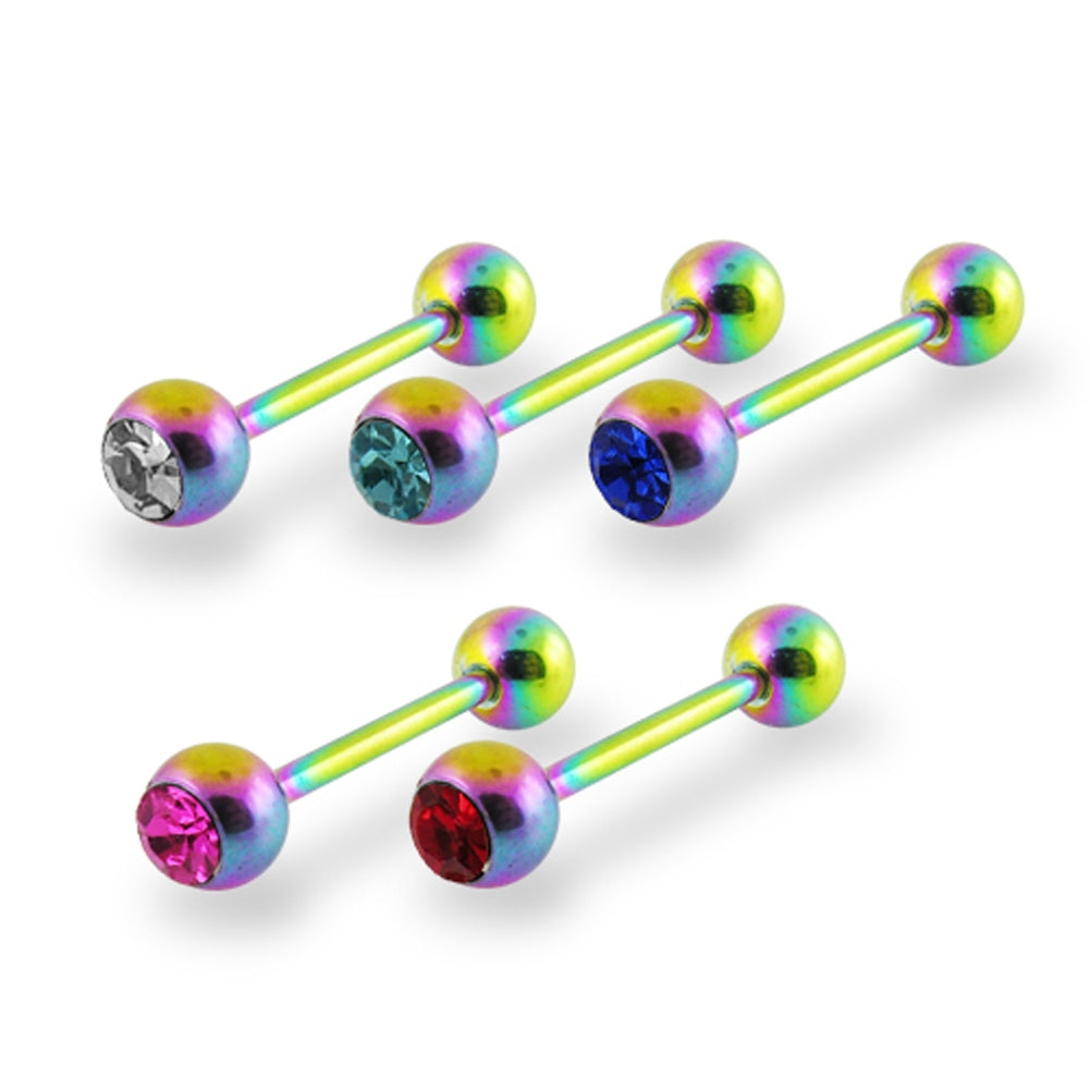 Rainbow Anodized Jeweled Barbell in a Display