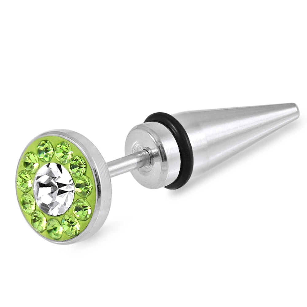 316L Surgical Steel Spike Disc Jeweled Fake Ear Plug  Peridot Green