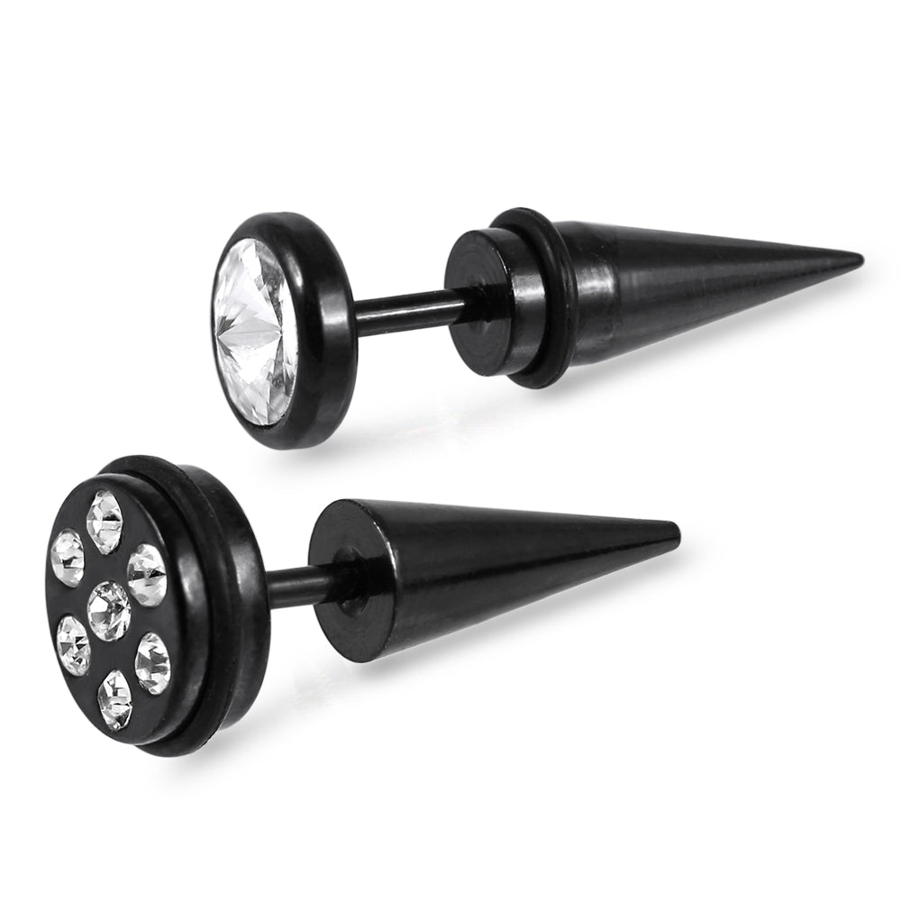 316L Surgical Steel Black Anodized Spike Disc Jeweled Fake Ear Plug