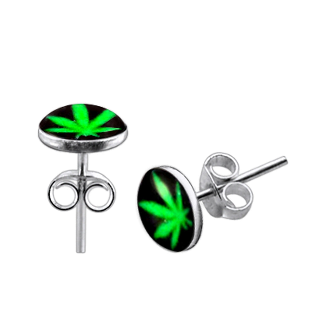 Green Marijuana Logo Silver Ear Stud