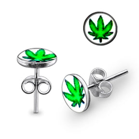 Green Marijuana Logo Silver Earring