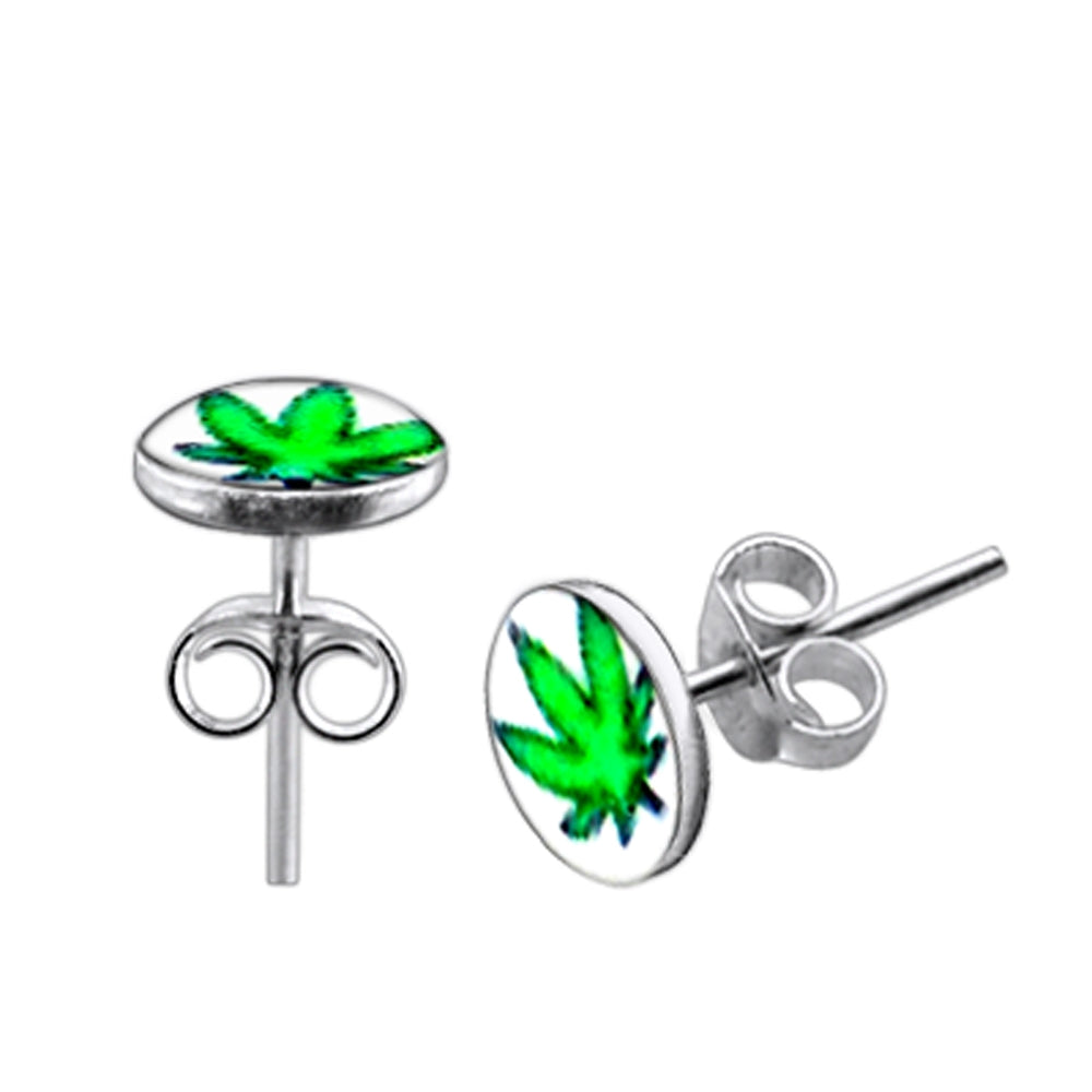 Green Marijuana Logo Silver Earring