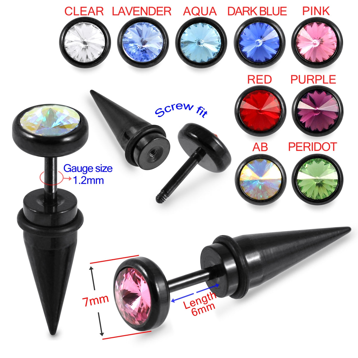316L Surgical Steel Black Anodized Spike Jeweled Fake Ear Plug  Red