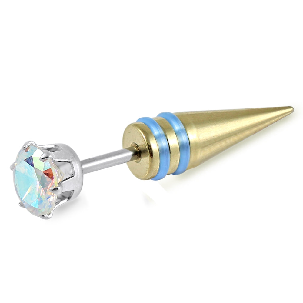 316L Surgical Steel Anodized Spike AB Stone Jeweled Fake Ear Plug