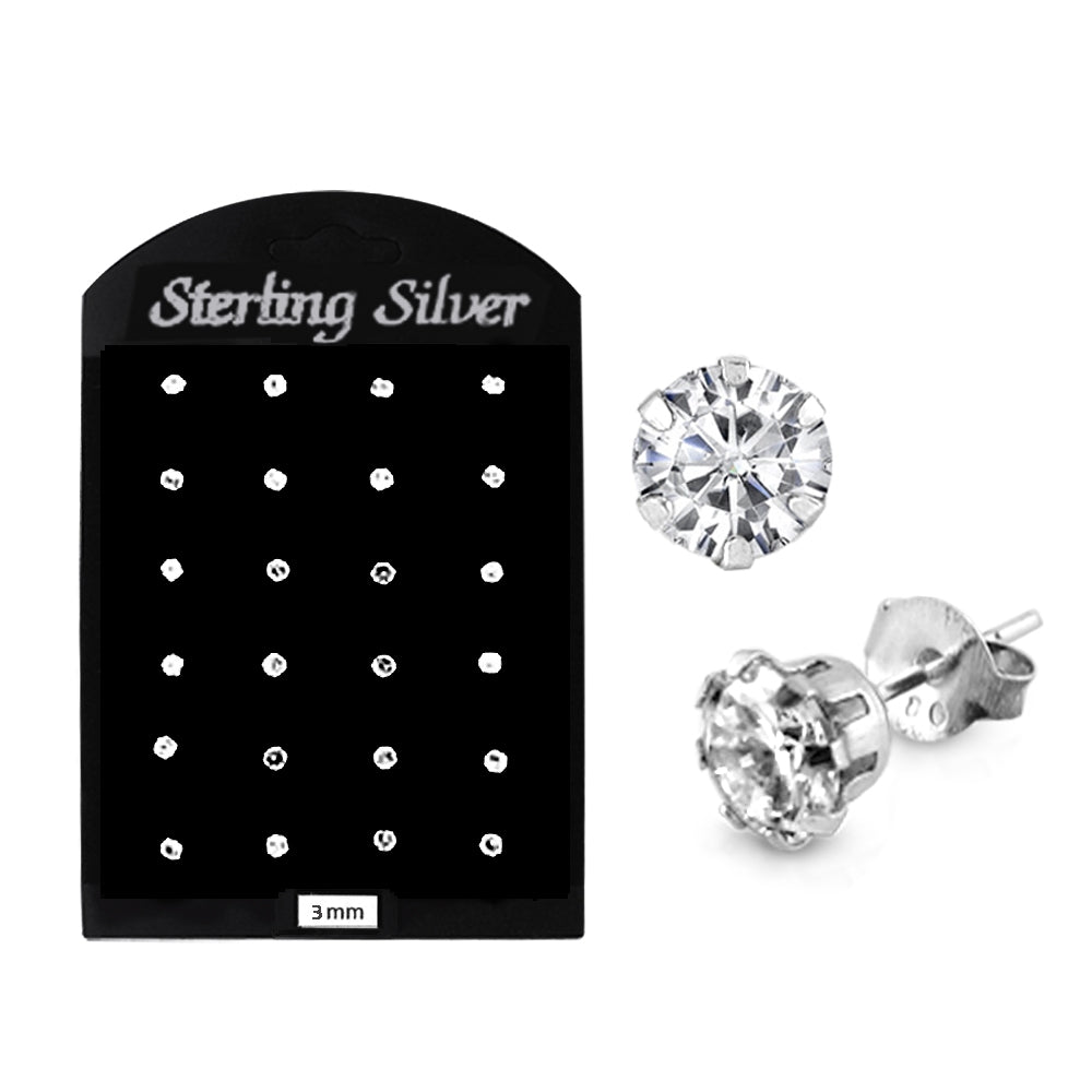 3MM CZ Round Ear Stud in 12 pair Tray
