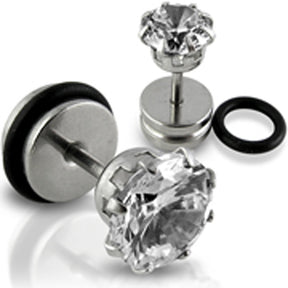 Clear CZ Jeweled Stone Fake Ear Plug with Drum