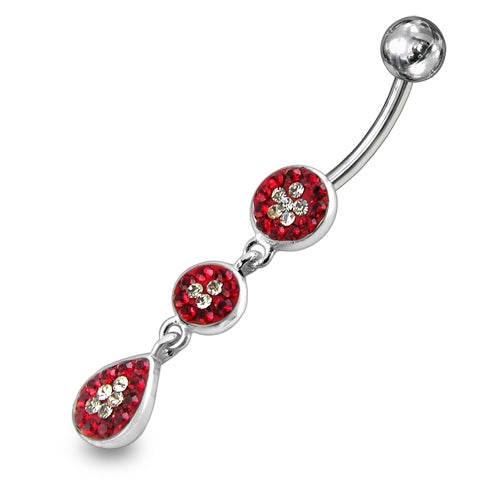 Red And White Crystal stone Studded Flower With SS Bar Banana Navel Ring