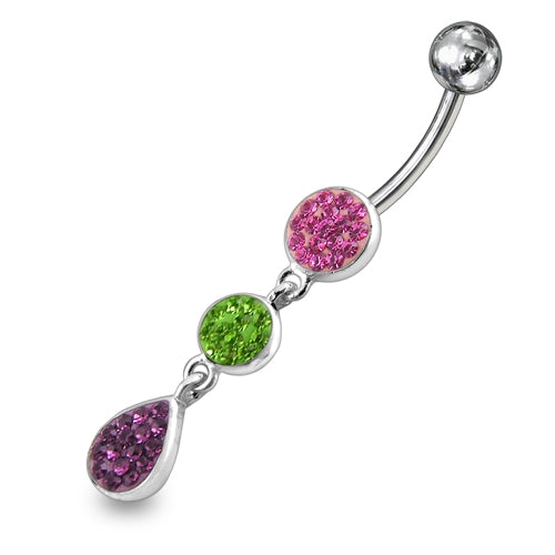 Triple Color Crystal Stone Silver Dangling With 316L SS Bar Navel Ring