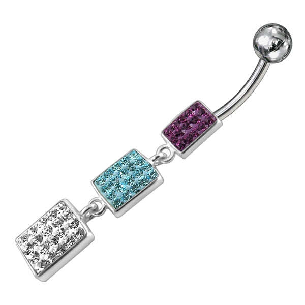Triple Color Crystal Stone Silver Dangling SS Bar Belly Ring