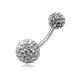 White Crystal Stone Balls With Curved Banana Bar Belly Ring