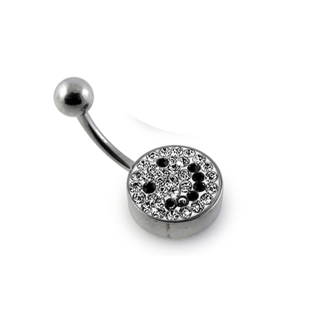Black And White Crystal Smiley In Silver With SS Curved Bar Belly Ring