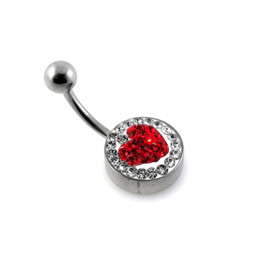 Red Heart Crystal With Steel Base In SS Banana Bar Belly Ring