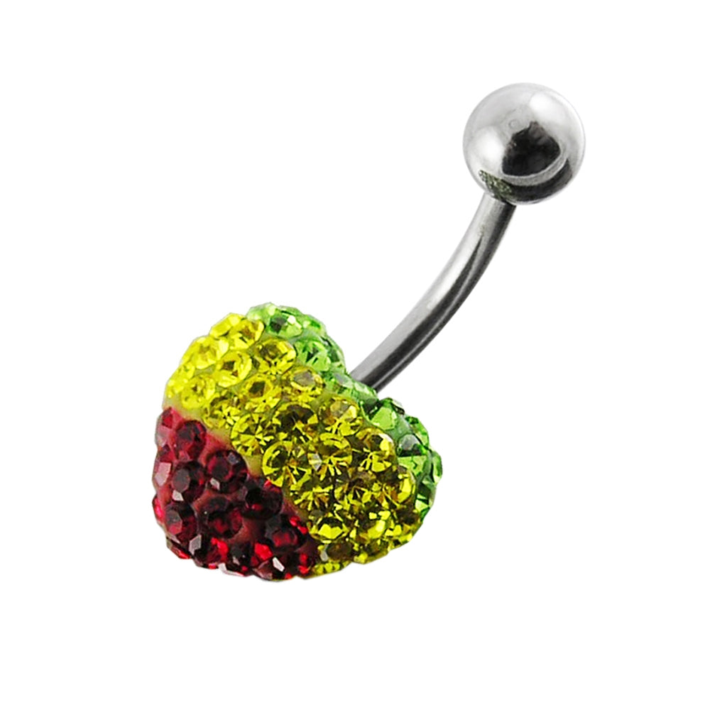 Triple Color Crystal stone Heart With SS Banana Bar Belly Ring