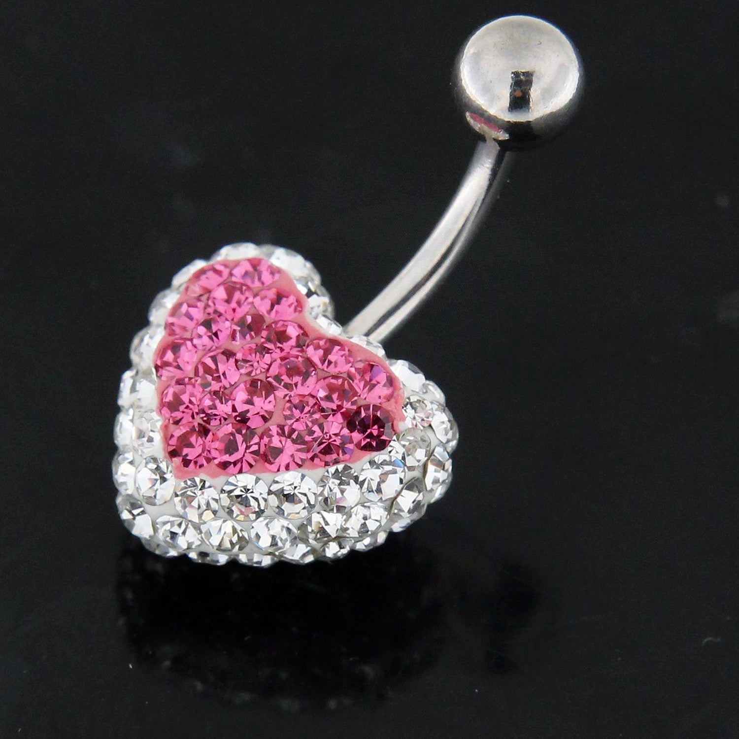 Pink Crystal stone Heart With White Crystal SS Curved Bar Navel Ring