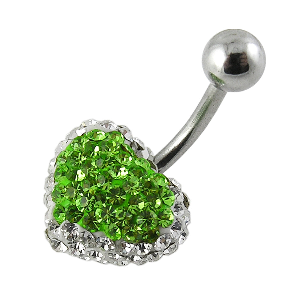 Green And White Crystal stone Fancy Heart SS Banana Bar Navel Ring