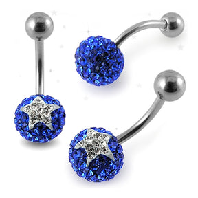 Blue And White Crystal stone Jeweled Star With SS Bar Belly Ring FDBLY384