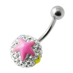 White Crystal Stone Jeweled Enamel Print Star Navel Ring Body Jewelry