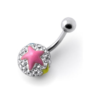 White Crystal Stone Jeweled Enamel Print Star Navel Ring Body Jewelry