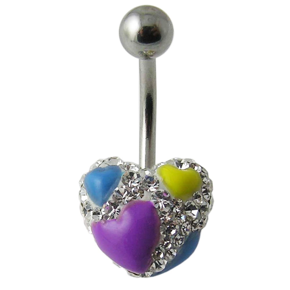 Multi Crystal Stone Heart Studded Navel Ring With SS Curved Bar FDBLY409