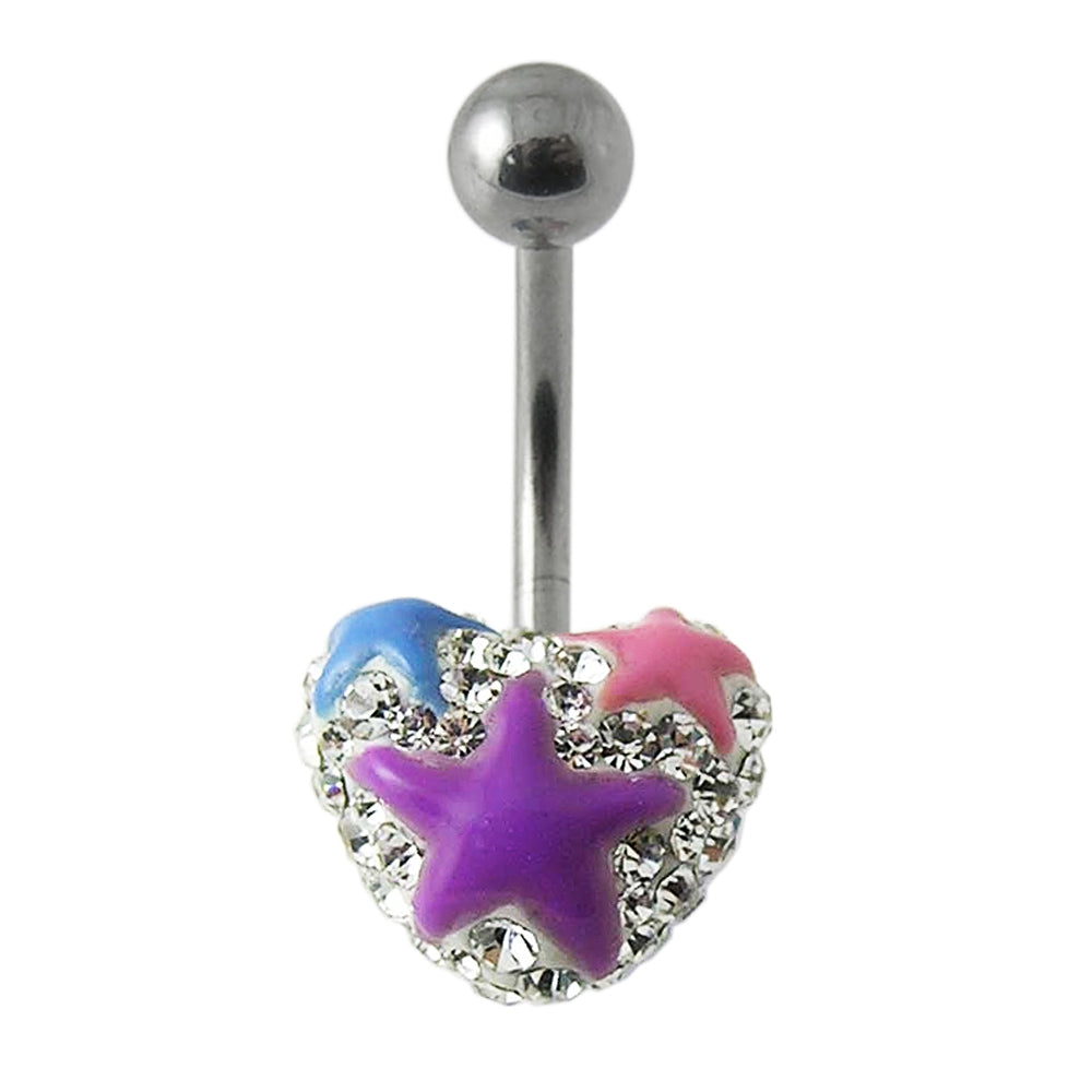 Mix Color Crystal stone With Purple Heart Banana Bar Navel Belly Ring